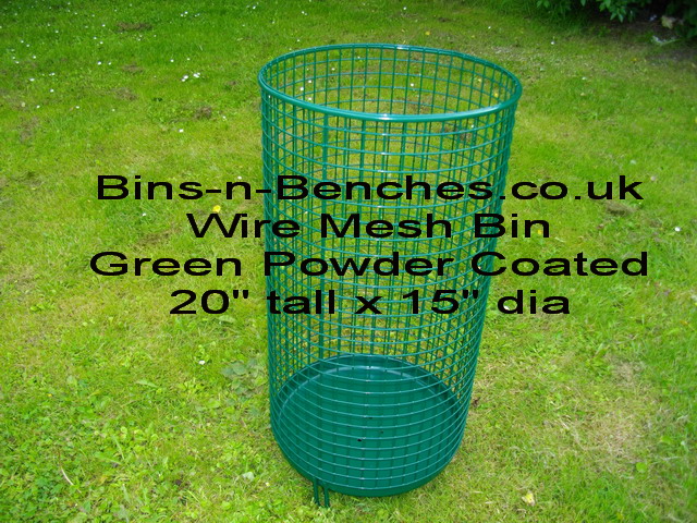 These wire mesh litter bins have straight sides and a solid base to prevent small objects falling through the mesh onto the floor, cig butts, lolly pop sticks etc. New rounded top edge so your bin bag doesn't snag on the top. The three inch legs are designed to be pushed into soft ground for more stability, powder coated finish after manufacture ensures a long maintainance free life. Can be used with or without a clear plastic liner the contents can be seen easily. Other colours are available to order subject to minimum of ten bins in the same colour.