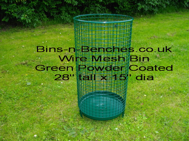 These wire mesh litter bins have straight sides and a solid base to prevent small objects falling through the mesh onto the floor, cig butts, lolly pop sticks etc. New rounded top edge so your bin bag doesn't snag on the top. The three inch legs are designed to be pushed into soft ground for more stability, powder coated finish after manufacture ensures a long maintainance free life. Can be used with or without a clear plastic liner the contents can be seen easily